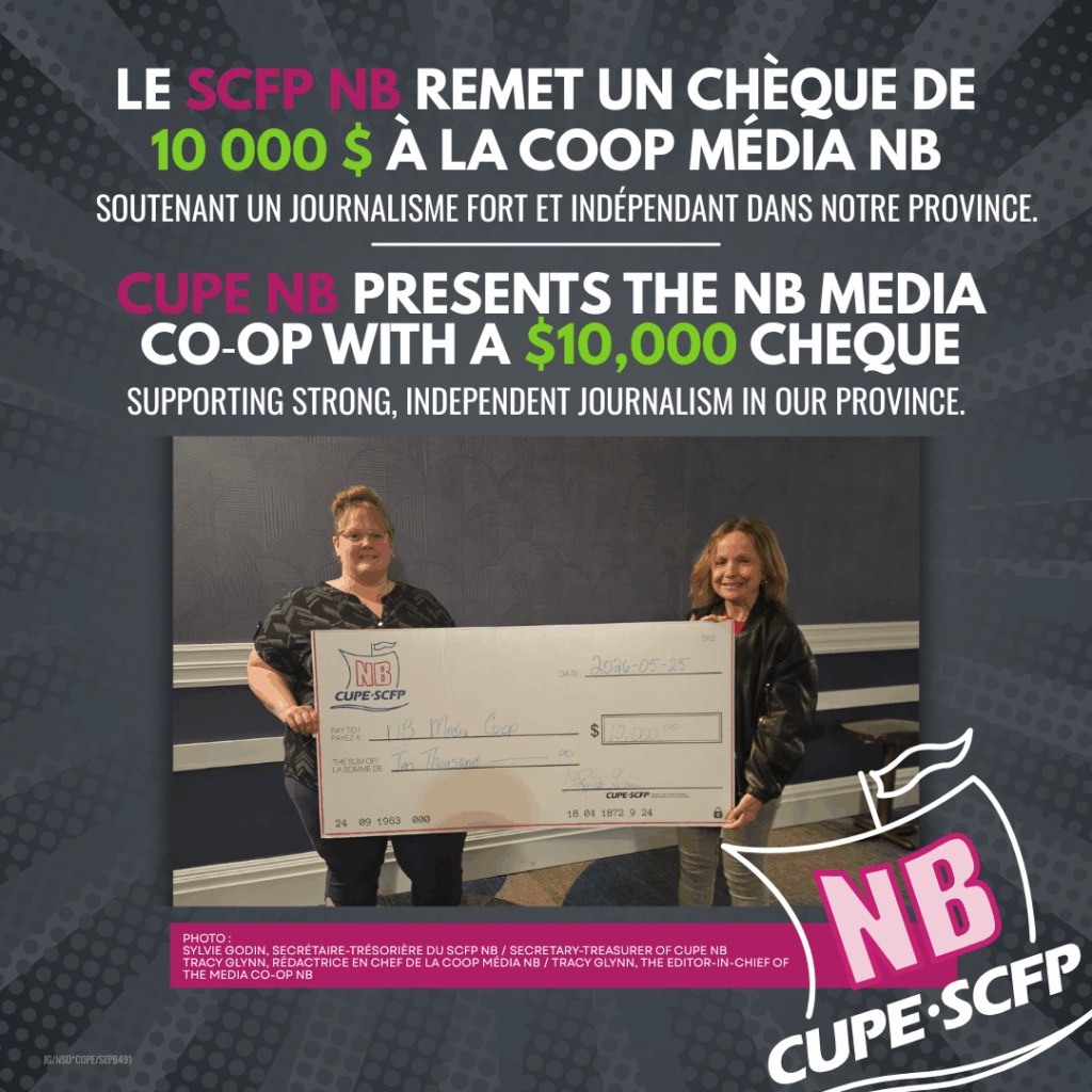 CUPE NB presents the NB Media Co‑op with a $10,000 cheque