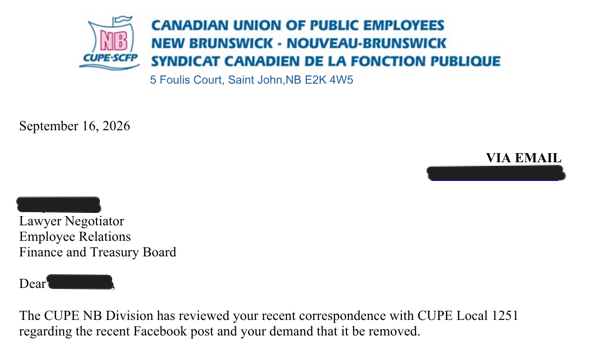 CUPE NB response to demands by Lead negotiator to remove informational post for members.